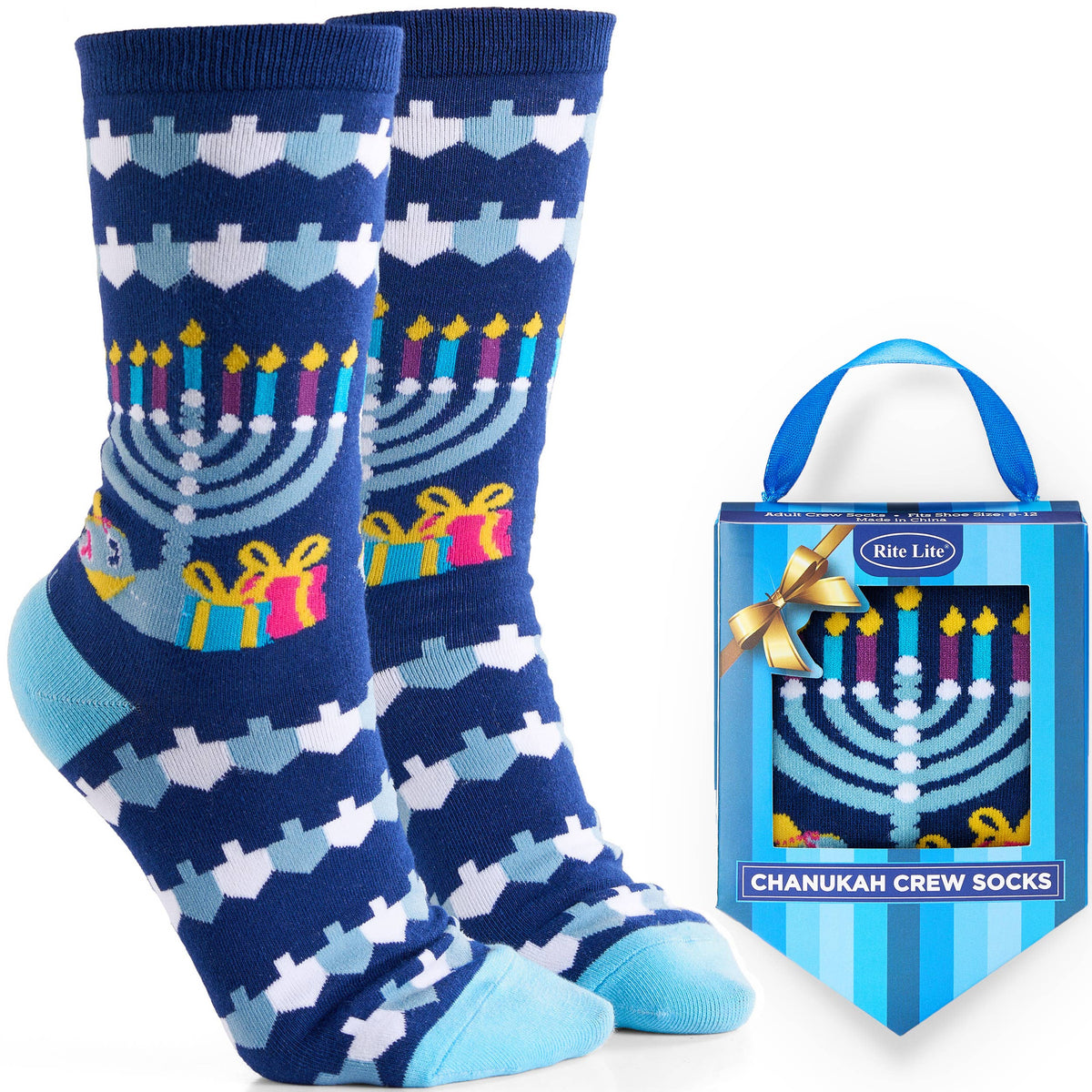 Chanukah Socks, "Ugly Sweater", Cotton Blend, Adult Crew in a Gift Box