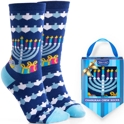 Chanukah Socks, "Ugly Sweater", Cotton Blend, Adult Crew in a Gift Box